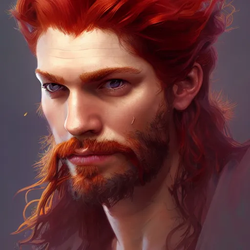 Image similar to portrait of a young rugged pirate, upper body, red hair, long hair, D&D, fantasy, intricate, elegant, highly detailed, digital painting, artstation, concept art, matte, sharp focus, illustration, art by Artgerm and Greg Rutkowski and Alphonse Mucha