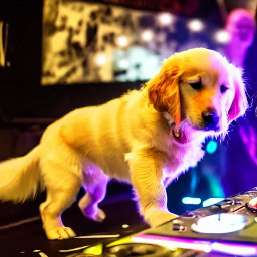 Image similar to a photograph of a DJ golden retriever dog, playing at a nightclub