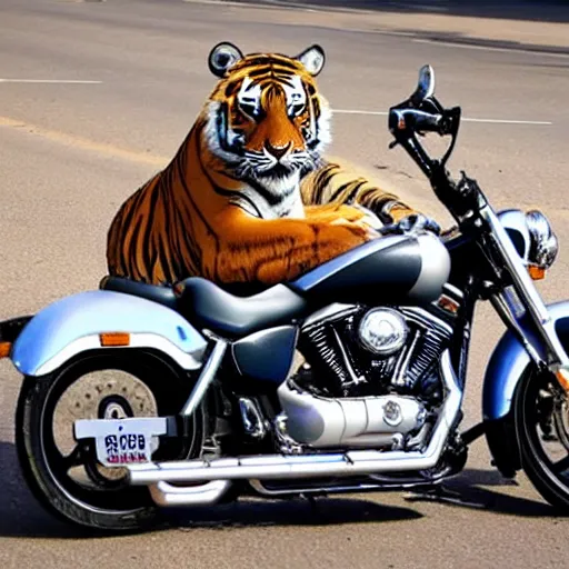 Image similar to tiger on a Harley Davidson on the road, funny picture