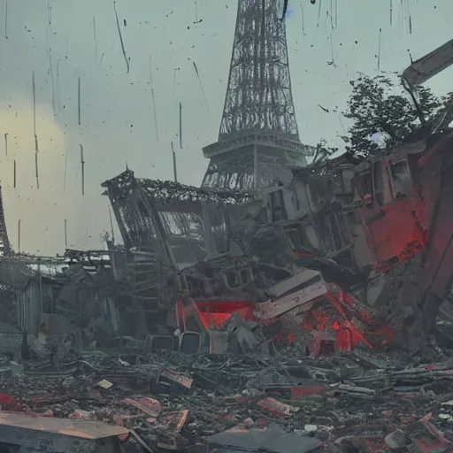 Image similar to A beautiful intricate 8K award-winning ground-level cinematic movie photograph of the future rusting rubble of the fallen and decimated Eiffel Tower, lying in pieces on the ground, surrounded by neon and collapsing corporate video billboard displays. in the year 2050, by Bruno Delbonnel and greg rutkowski. octane render, Arri Alexa 65. Cinematic lighting