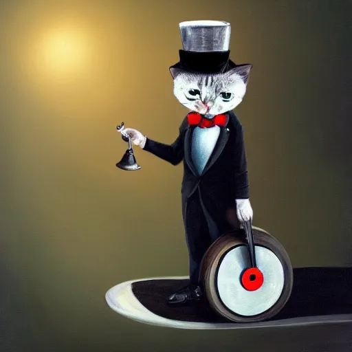 Prompt: Kitty with a tophat and monocle riding a unicycle, hyperrealistic painting 4K digital art trending on artstation