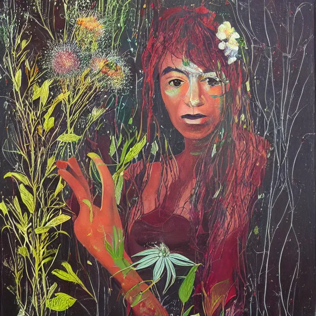 Image similar to “ a portrait in a female art student ’ s apartment, australian wildflowers, sensual, queer woman, flax, flannel flower, bottlebrush, eucalyptus, charred, bushfire, new leaves, art supplies, a candle dripping white wax, aboriginal art, berry juice drips, acrylic and spray paint and oilstick on canvas, surrealism, neoexpressionism ”