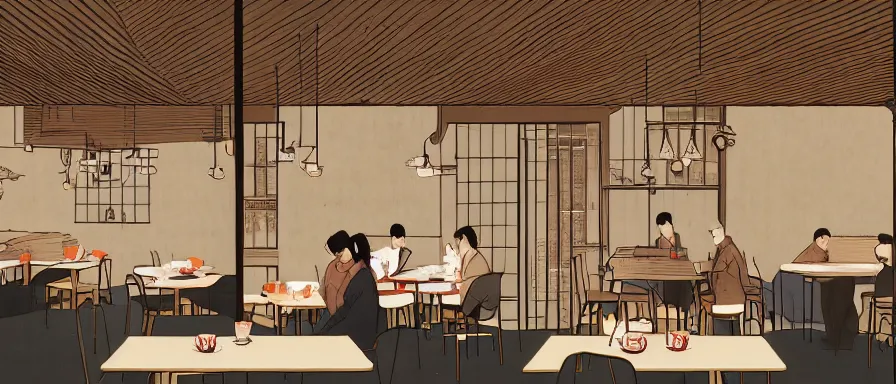 Image similar to a beautiful interior view illustration of a small roasted string hotpot restaurant in yan'an city, wall corner, restaurant wall paper is tower amd mountain, rectangle white porcelain table, people are eating, black chair, animation illustrative style, from china, simple style structure decoration design, victo ngai, james jean, 4 k hd