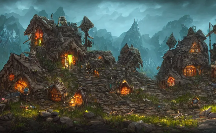 Image similar to A goblin village, mining, 4k UHD, landscape, concept art