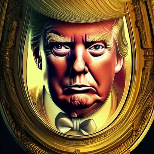 Image similar to symmetry!! portrait of donald trump inside toilet, intricate, elegant, highly detailed, digital painting, artstation, concept art, smooth, sharp focus, illustration, art by artgerm and greg rutkowski and alphonse mucha