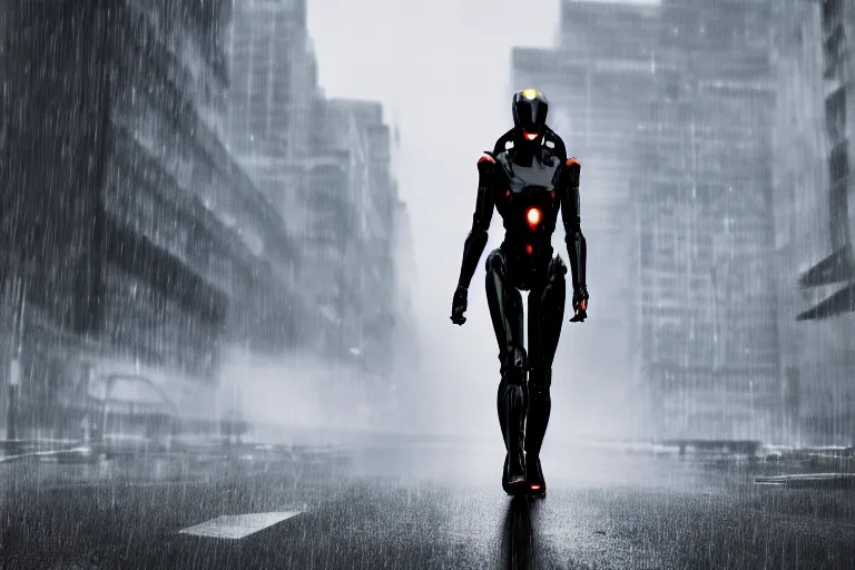 Image similar to vfx marvel sci-fi woman black super hero robot photo real full body action pose, city street cinematic lighting, rain and fog by Emmanuel Lubezki