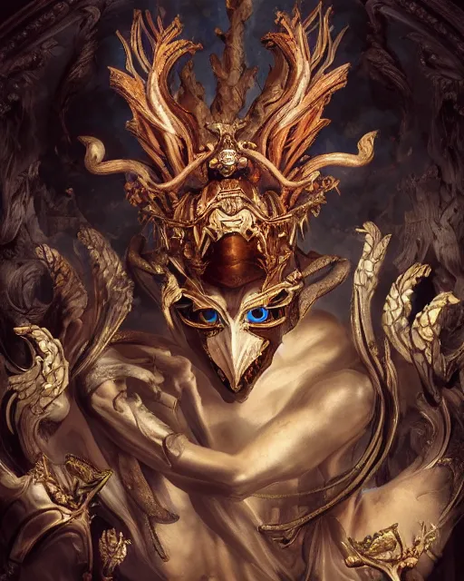 Image similar to A epic and beautiful rococo painting of the insect lord with an osidian mask. . ultra-detailed. Castlevania style. Anime, pixiv, UHD 8K CryEngine, octane render