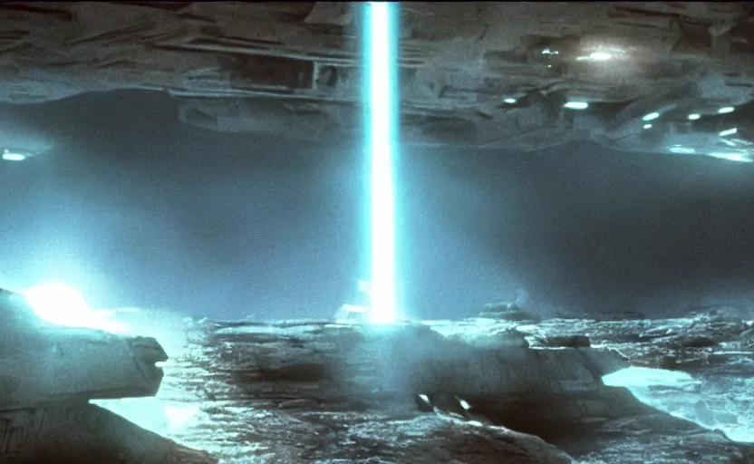 Image similar to iconic cinematic screen shot of star destroyer waterfall canyon planet, from the action packed scene from the 8 0 s star wars sci fi film by stanley kubrick, glowing lasers, kodak film stock, anamorphic lenses 2 4 mm, lens flare, award winning
