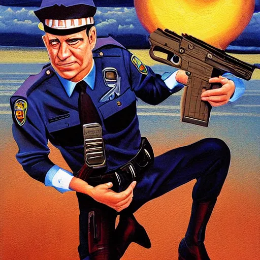 Prompt: detailed painting of benjamin netanyahu in a police uniform pointing a gun at the camera, by tim hildebrandt and brian bolland and george perez