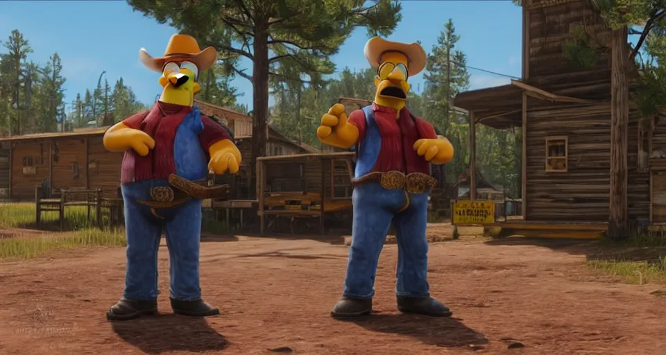 Image similar to Screenshot of Homer Simpson as a 3d cowboy in full cowboy attire in the videogame 'Red Dead Redemption 2'. Sharpened. 1080p. High-res. Ultra graphical settings.