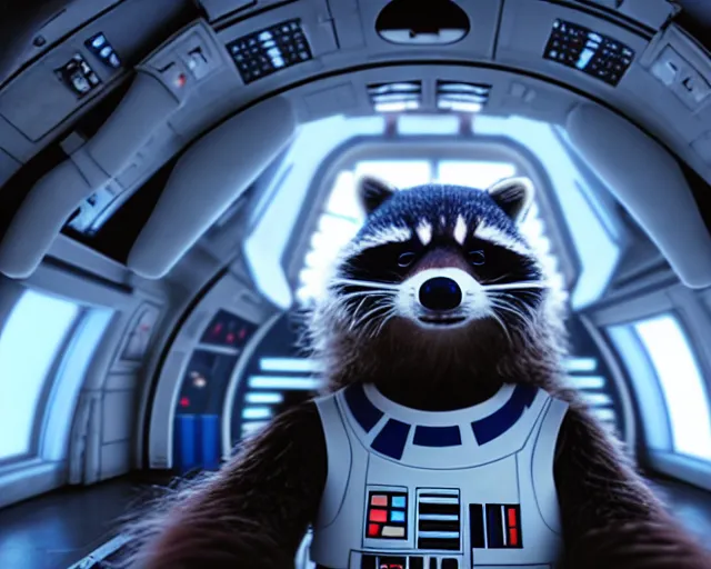 Prompt: 7 0 mm portrait, furry rocket the raccoon sitting in the cockpit of the millennium falcon, wearing stormtrooper armor!!, soft volumetric lighting, cinematic, ridley scott, james cameron, pixar, octane, 8 k, photorealism!!