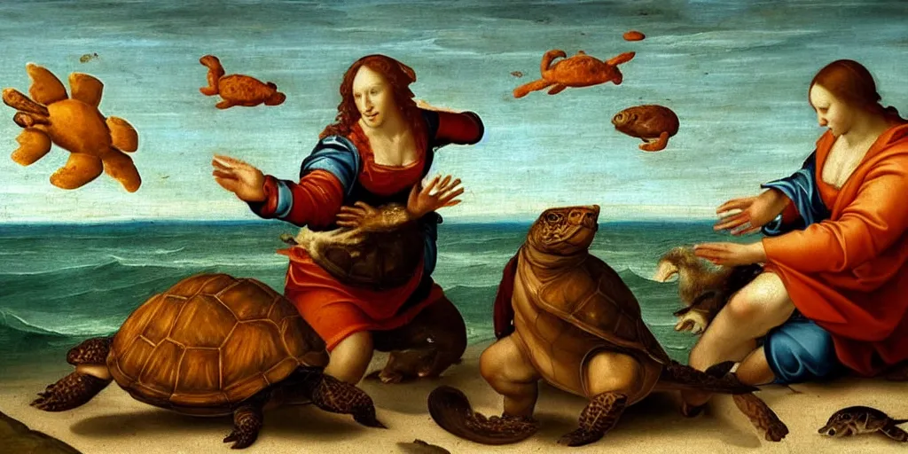 Image similar to renaissance painting of a cat on the beach playing with a turtle in the ocean