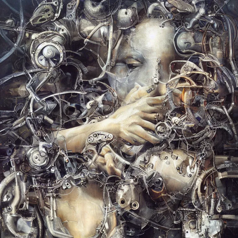 Prompt: “ symbiosis of man and machine, hyper realistic abstract surrealism, detailed oil painting ”