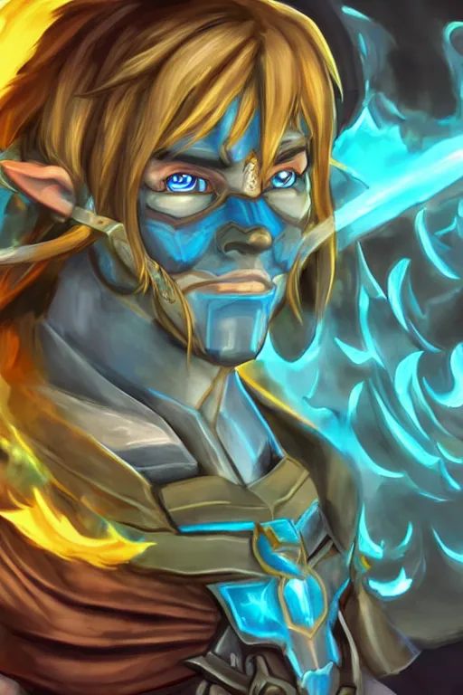 Prompt: an in game portrait of link from hades, hades art style.
