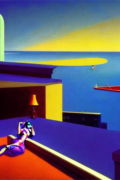 Image similar to liminal vaporwave surrealism dreams representing stream of consciousness, painted by Edward Hopper, painted by salvador dali, painted by moebius, airbrush