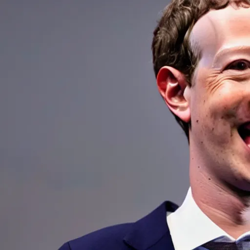 Prompt: extremely zoomed-in photo of sad Mark Zuckerberg looking at the camera with a big smile and waving