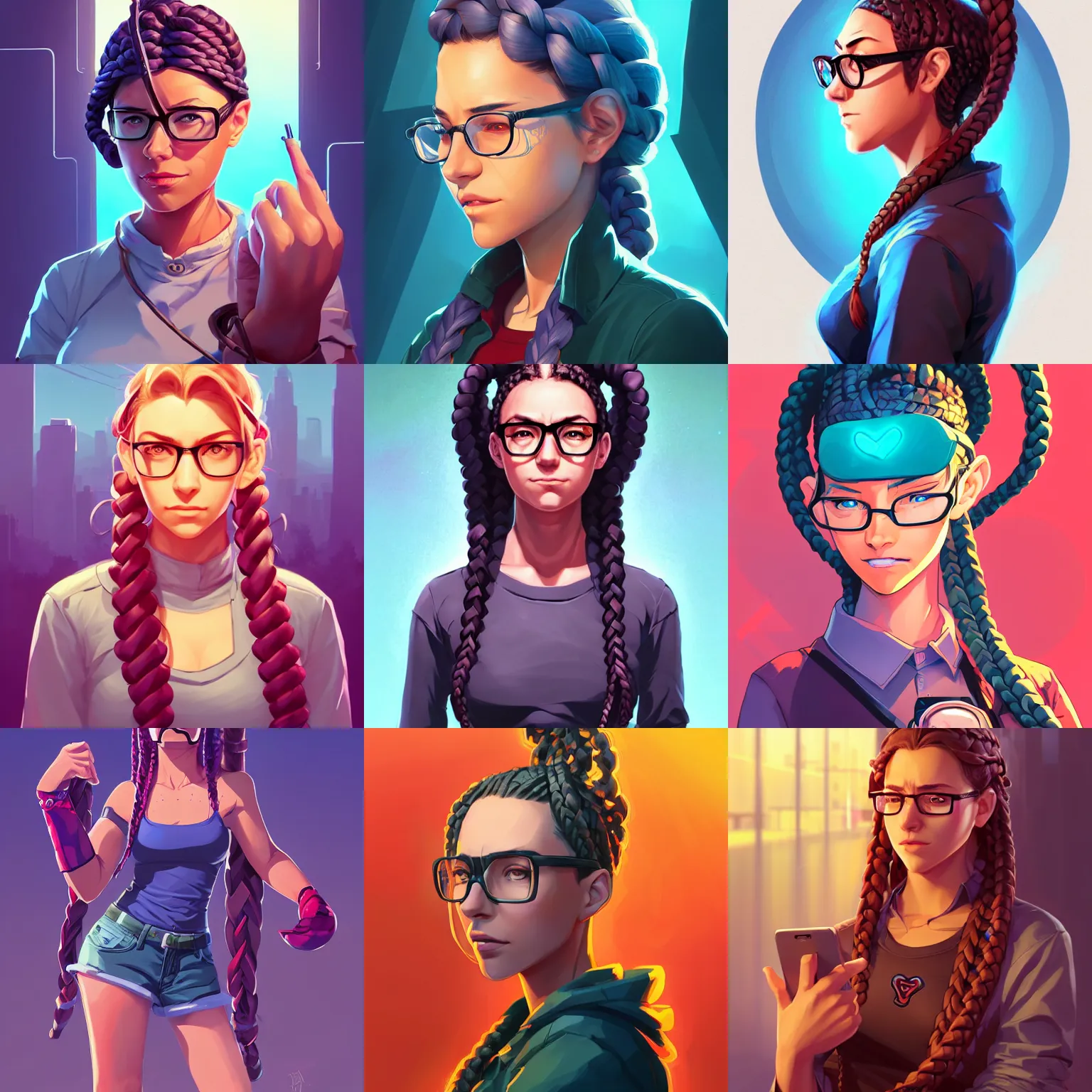 Prompt: modern female hacker with thick braids and glasses, fantasy art heartstone Video game icon, 2d game art gta cover , official fanart behance hd artstation by Jesper Ejsing, by RHADS, Makoto Shinkai and Lois van baarle, ilya kuvshinov, rossdraws in the style of cubism