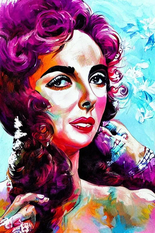 Prompt: a portrait of Elizabeth Taylor vivid colors, in a scenic environment by Artgerm, detailed,