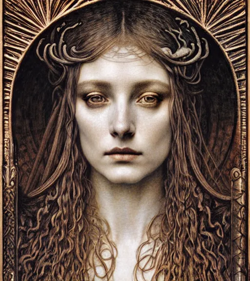 Prompt: detailed realistic beautiful young medieval queen of mars face portrait by jean delville, gustave dore and marco mazzoni, art nouveau, symbolist, visionary, gothic, pre - raphaelite. horizontal symmetry by zdzisław beksinski, iris van herpen, raymond swanland and alphonse mucha. highly detailed, hyper - real, beautiful