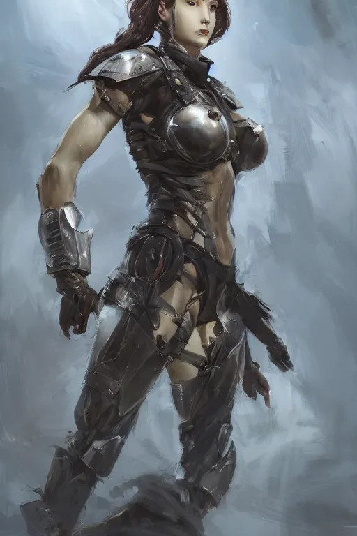 Image similar to a professional portrait of an attractive young female, partially clothed in battle armor, olive skin, long dark hair, beautiful bone structure, symmetrical facial features, intricate, elegant, digital painting, concept art, illustration, sharp focus, from Metal Gear, in the style of Ruan Jia and Mandy Jurgens and GregRutkowski and William-Adolphe Bouguerea