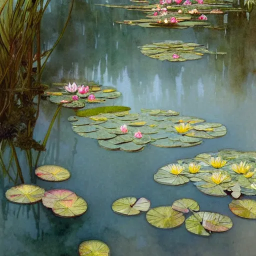 Image similar to a beautifull intricate watercolor painting of water lilies, reflexions, verry high details by william turner art, greg rutkowski and alphonse mucha, trending on artstation, very very detailed, masterpiece, - h 7 0 4