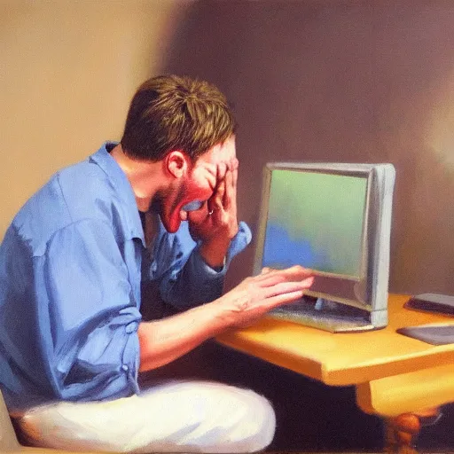 Image similar to an angry man yells at his computer monitor, oil on canvas, highly detailed