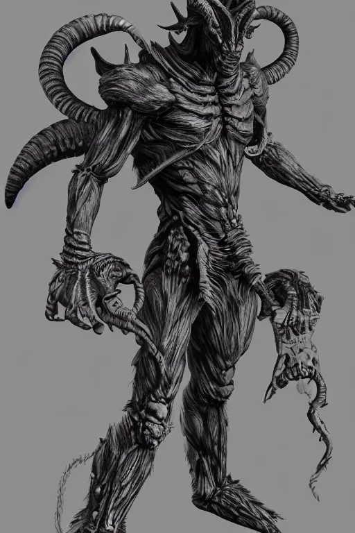 Image similar to humanoid figure monster with goat horns, highly detailed, digital art, sharp focus, trending on art station, kentaro miura manga art style