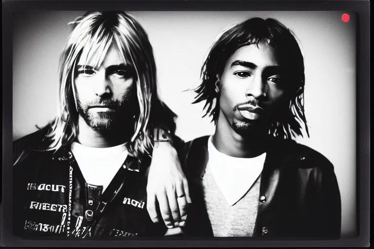 Image similar to Polaroid photograph of Kurt Cobain and Tupac Shakur, XF IQ4, 150MP, 50mm, F1.4, ISO 200, 1/160s, natural light, Adobe Lightroom, photolab, Affinity Photo, PhotoDirector 365,