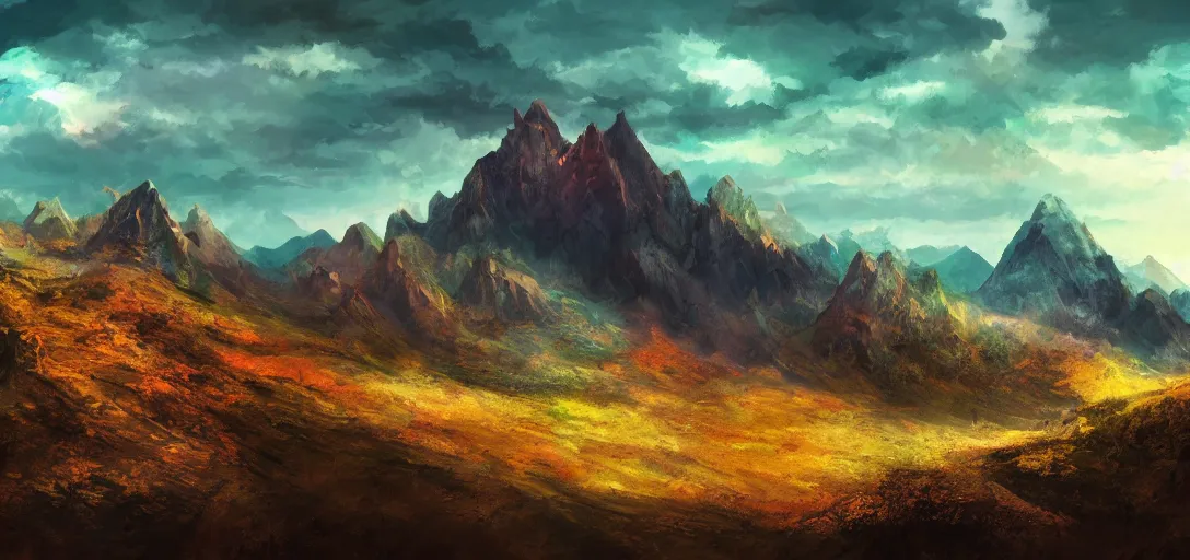 Image similar to vast mountain landscape, craggy mountains, magic the gathering, three - colors, three - color color palette, panoramic, wide angle, horizon, 4 k