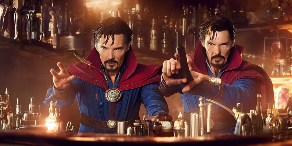 Image similar to film still of Doctor Strange working as a bartender in the new Avengers movie, 4k