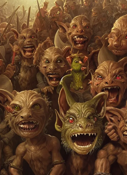 Image similar to highly detailed closeup group portrait of medieval goblins having a party, stephen bliss, unreal engine, greg rutkowski, ilya kuvshinov, ross draws, hyung tae and frank frazetta, tom bagshaw, tom whalen, nicoletta ceccoli, mark ryden, earl norem, global illumination, god rays, detailed and intricate environment