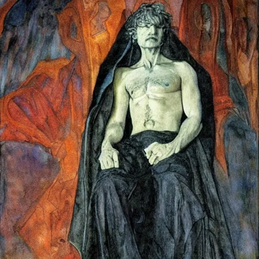 Prompt: comics sandmanin a cloak by Neil Gaiman, in style The Demon Seated, by Mikhail Vrubel, oil painting, art gallery, art museum, small details, whole-length, hyperrealism, black cloak, very detailed face, very detailed torso--steps 50