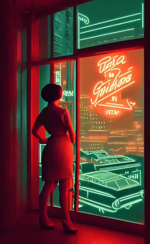 Prompt: vertical portrait of girl in 5 0's retro restaurant interior, neon - decorated urban on night in the city seen through the window, modern interior design, architectural design, vintage, night blade runner, dark, postapocalyptic, clean lines, 4 k, octane, asian futuristic city at distance, big windows, octane, wide angle