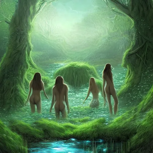 Prompt: beautiful digital fantasy illustration of A woody green field with a stream running through it, with a group of dryad women standing in the water. They seem to be preparing to submerge themselves in the cool, clear waters of the stream. a creepy creature standing in front of a mirror!, concept art by Alex Horley-Orlandelli!!, cgsociety contest winner!!!, gothic art,!!!!, cgsociety, official art, fantasy art, #vfxfriday, highly detailed, soft lighting, rendered in octane, masterpiece, very very very aesthetic