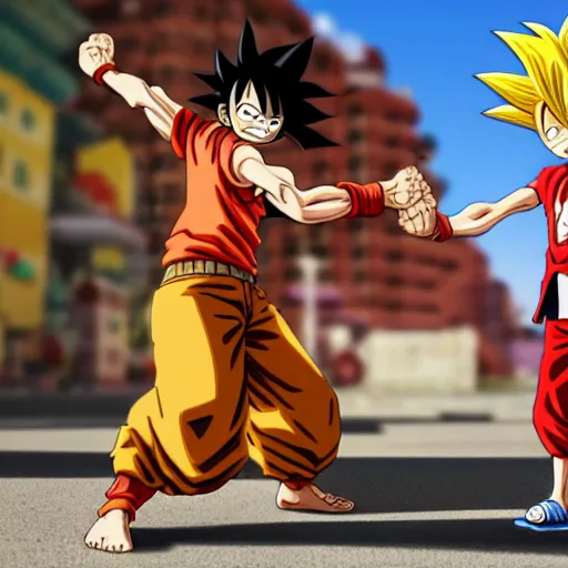 Image similar to luffy dapping up goku in the hood, hyper realistic, 4 k, ultra detailed, intricate, octane render, award winning, magazine spread,