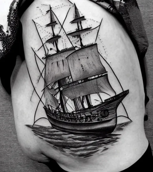 Image similar to A realistic black and white tattoo design sketch of a pirate ship, highly detailed tattoo, shaded tattoo, hyper realistic tattoo