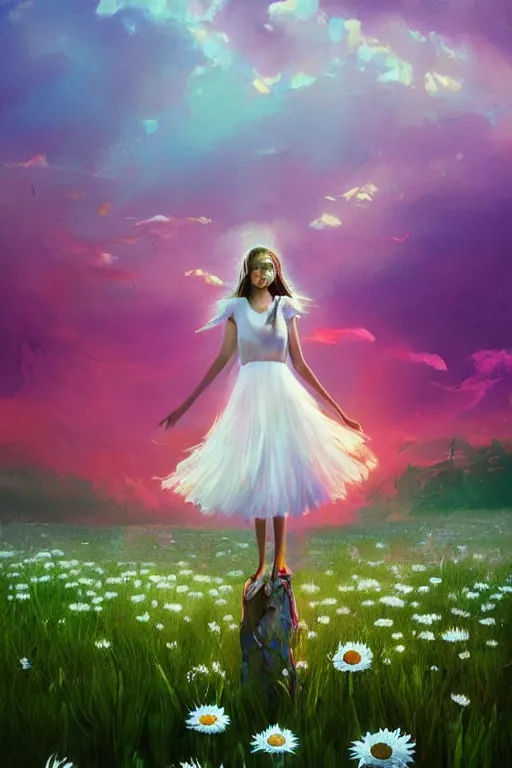 Image similar to veil giant white daisy flower as face, girl dancing in a flower field, surreal photography, sunrise, dramatic light, impressionist painting, colorful clouds, digital painting, artstation, simon stalenhag