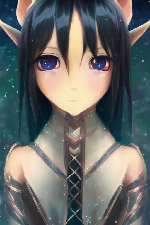 Image similar to adorable young cute anime elf girl, long black hair, fantasy armor. symmetrical face. symmetrical detailed defined eyes. beautiful lineart. bokeh pixiv # 1 ranking depth focus, chromatic aberration, noise, soft lighting, srgb, 4 k, cinematic