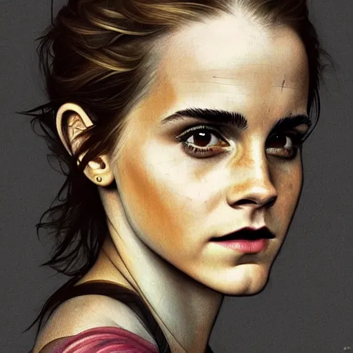 Image similar to Very funny Emma Watson looking like an old monkey, colorful painting on grey scale face, powerful , magic, thunders, dramatic lighting, intricate, wild, highly detailed, digital painting, artstation, concept art, smooth, sharp focus, illustration, art by artgerm and greg rutkowski and alphonse mucha, footage