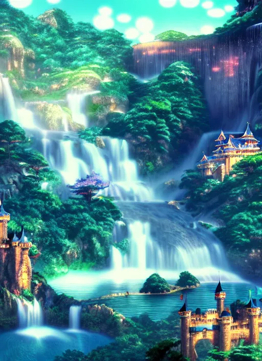 Prompt: fantasy castle, waterfall, river, mountain, night time scenery wallpaper aesthetic, anime style, beautiful, cinematic, dramatic, super detailed and intricate, hyper realistic, 4 k render, by koson ohara, by darwyn cooke, by satoshi kon