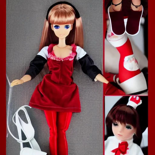 Image similar to anime barbie doll, 5 dolls in one photo, in red velvet stockings, a nurse's dress, full length, heels on her feet