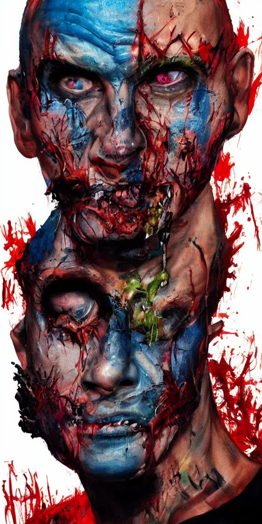 Prompt: Bright, colorful, realistic Serial killer rpg single individual headshot gore covered with scars and tattoos screaming, backlighting, kodachrome, high contrast, highly detailed, sharp focus, digital painting, concept art, illustration, trending on artstation, comic book by Alex Ross cover art