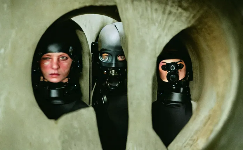 Prompt: cinestill 5 0 d photographic portrait by helen levitt of two loving female cyborgs wearing black waist cutout techwear in a retrofuturist liminal tunnel underground, extreme closeup, modern cyberpunk, dust storm, 8 k, hd, high resolution, 3 5 mm, f / 3 2, ultra realistic faces, intricate detail, ex machina