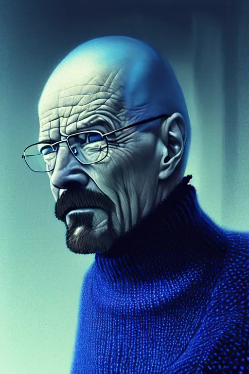 Image similar to portrait of a walter white as sapphire herald in an elegant winter sweater, by makoto shinkai, by akihiko yoshida, by zdzislaw beksinski, by dariusz zawadzki, artbook, tone mapped, deep blues, shiny, soft lighting