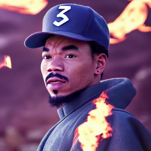 Image similar to cinematic film still of Chance The Rapper starring as a Samurai holding fire, Japanese CGI, VFX, 2022, 40mm lens, shallow depth of field, film photography