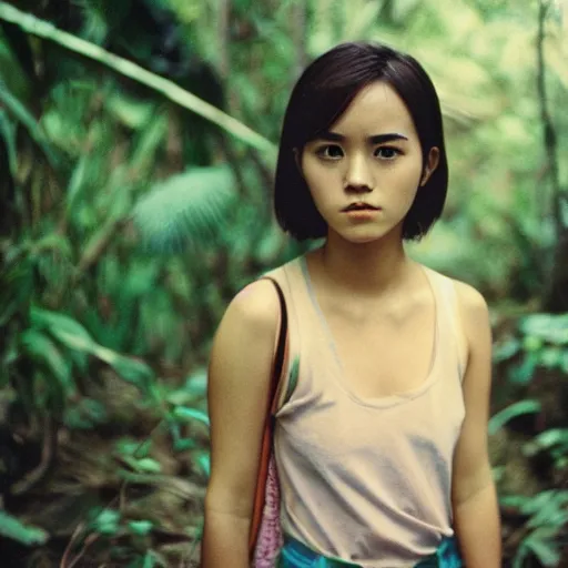 Image similar to japanese version of emma watson, walking through vietnam jungle, portrait, close up, award winning, kodak ektachrome expired blue tint,