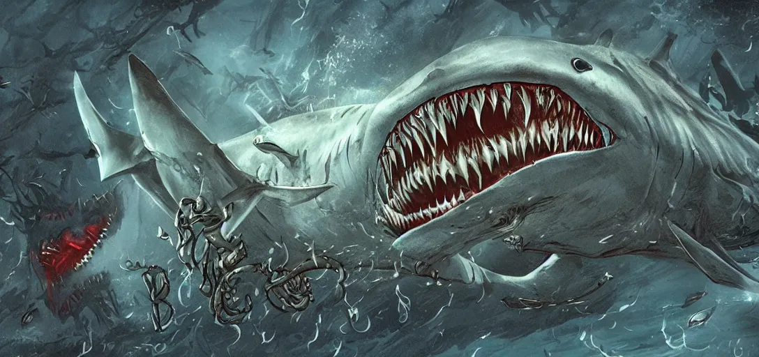 Image similar to concept art of shark attack, lovecraftian, lots of teeth, melting horror, fighting the horrors of the unknown with laser guns