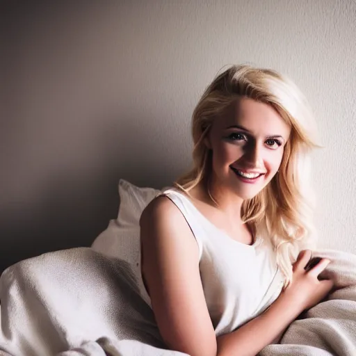 Prompt: a happy face, beautiful blonde young woman, sitting in the bed, cinematic light, 5 0 mm portrait