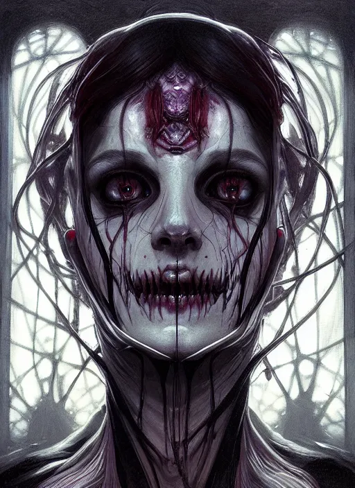 Image similar to symmetry!! portrait of a ghoul, horror, moody lights!! intricate, scary, highly detailed, digital painting, artstation, concept art, smooth, sharp focus, illustration, art by artgerm and greg rutkowski and alphonse mucha