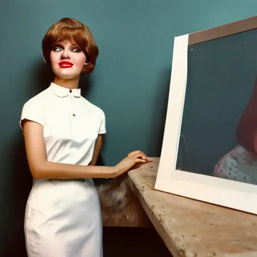 Image similar to a vintage 1 9 6 0 s kodachrome slide of a portrait of a young lady posing in a photographer's studio. she is wearing a white - collared dress in the fashion of the 1 9 6 0 s.